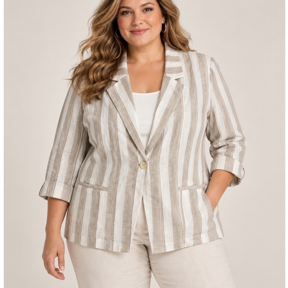 Chico's Blazer Womens 3 Tan Striped Linen Blend Single Button Coastal Grandma